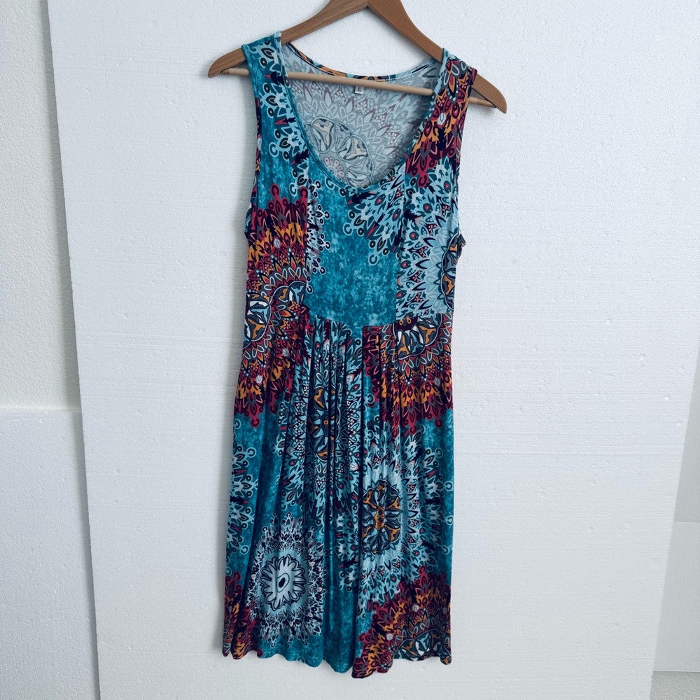 Sleeveless V-Neck Dress Blue Mandala XL NWOT